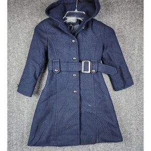 Rothschild Hooded Coat Girls 5 Blue Wool Blend Herringbone Belted Dress Coat
